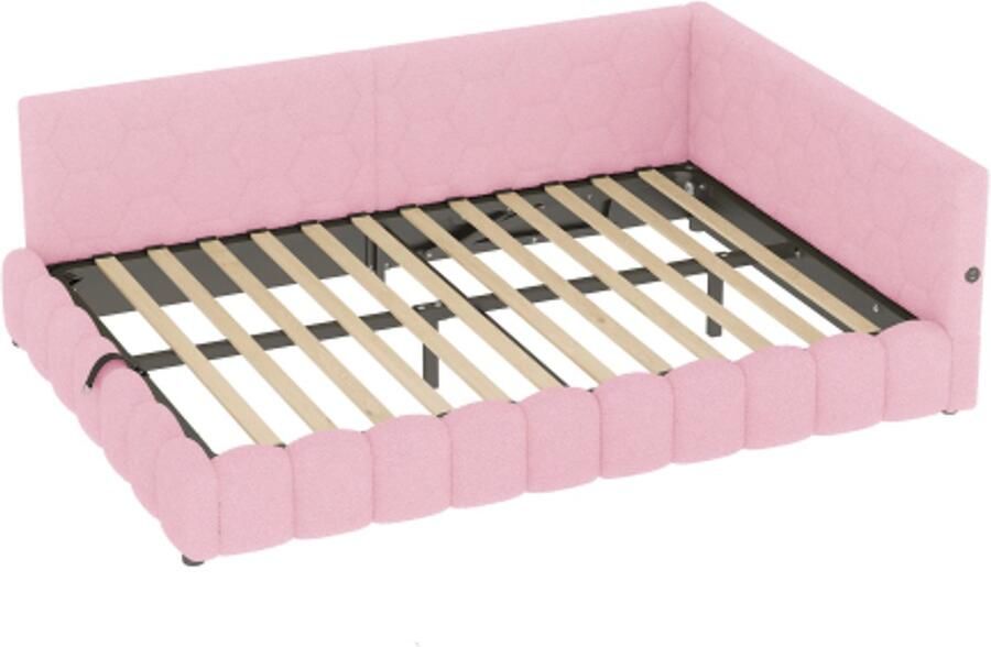 Daybed 140x200cm slaapbank bed met lattenbodem (zonder matras) met LED-lichtstrip met hydraulisch hefmechanisme USB-aansluiting Type-C imitatie fleece roze