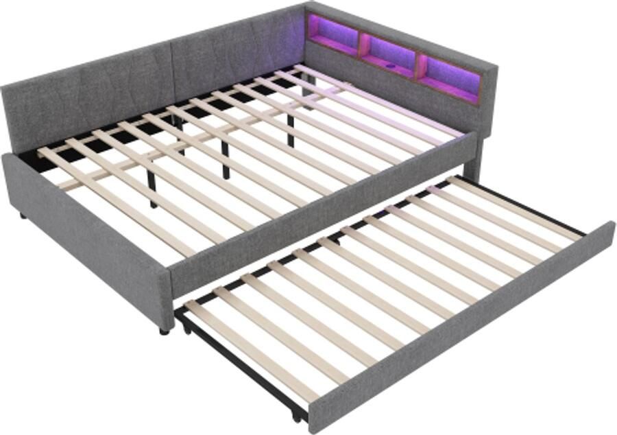 Daybed 140x200cm slaapbank opbergvak op het bed USB+Type C afstandsbediening voor LED-sfeerverlichting bed met uitschuifbaar bed met lattenbodem (zonder matras) linnen grijs