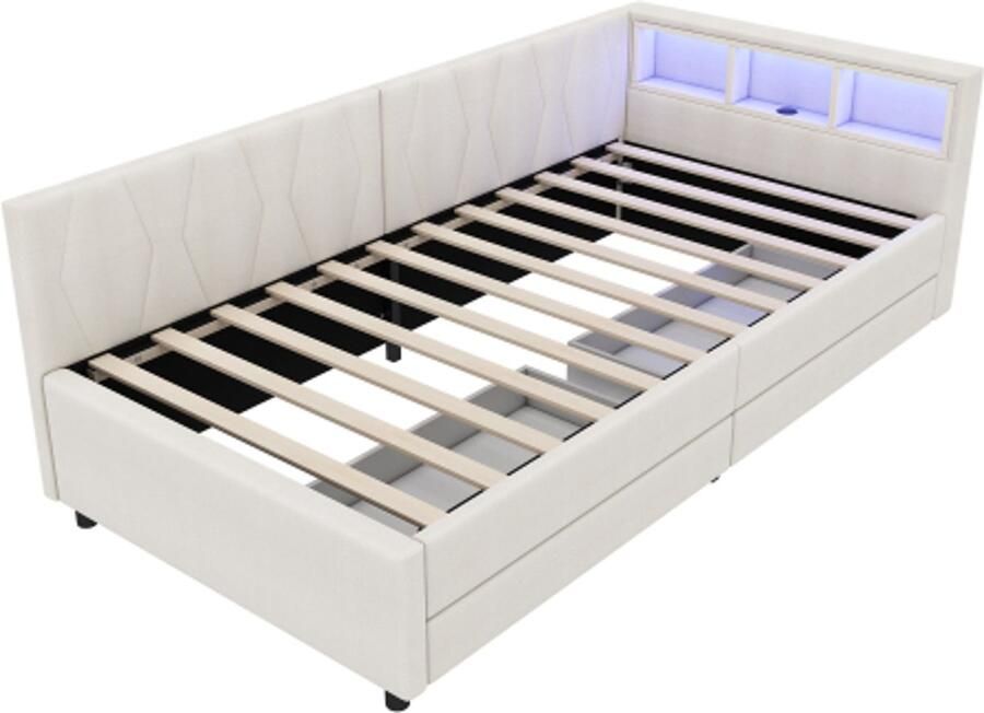Daybed 90x200cm Daybed Slaapbank Opbergvak aan het bed USB+Type C Afstandsbediening voor LED-sfeerverlichting Bed met twee lades Bed met lattenbodem (zonder matras) Linnen Beige