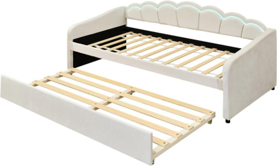 Daybed 90x200cm slaapbank met uitschuifbaar bed slaapbank eenpersoonsbed (zonder matras) fluweel kleurveranderende sfeerverlichting afstandsbediening minimalistische styling beige