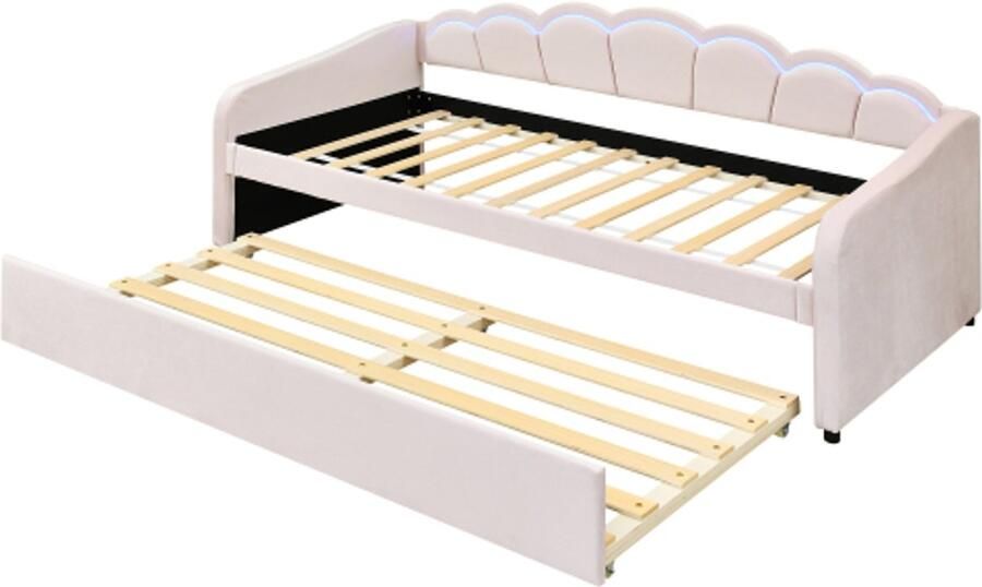 Daybed 90x200cm slaapbank met uitschuifbaar bed slaapbank eenpersoonsbed (zonder matras) fluweel kleurveranderende sfeerverlichting afstandsbediening minimalistische styling roze