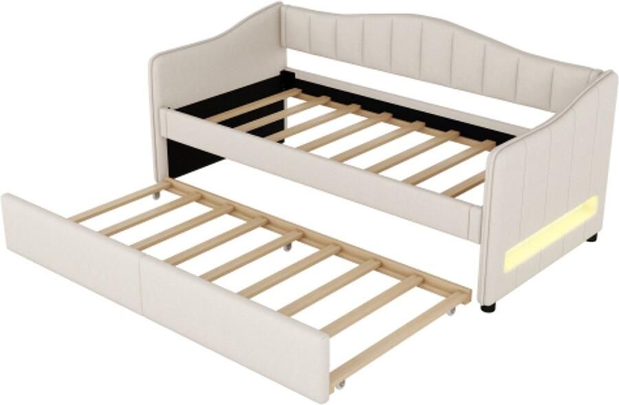 Daybed 90x200cm slaapbank met uitschuifbaar bed slaapbank eenpersoonsbed (zonder matras) sfeervol lichtontwerp linnen minimalistische styling beige