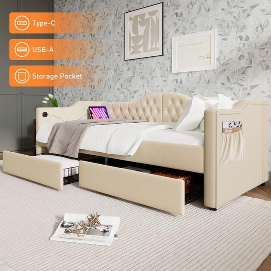 Daybed Gestoffeerd bed Slaapbank Opbergbedden Bedframe met USB Type C oplaadfunctie en 2 lades 90x200cm Fluweel in Beige Fluweel (Zonder matras)