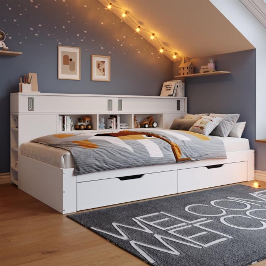 Daybed opbergbed 140 x 200 cm multifunctioneel opbergbed met lades planken en opbergkasten bedstee met opbergruimte geschikt voor volwassenen zonder matras wit