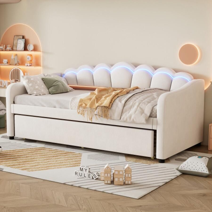 Daybettt 90x200cm Dagbed met uitbreidbaar bed slaapbank eenpersoonsbed (zonder matras) fluweel kleurveranderend omgevingslicht afstandsbediening minimalistische stijl beige