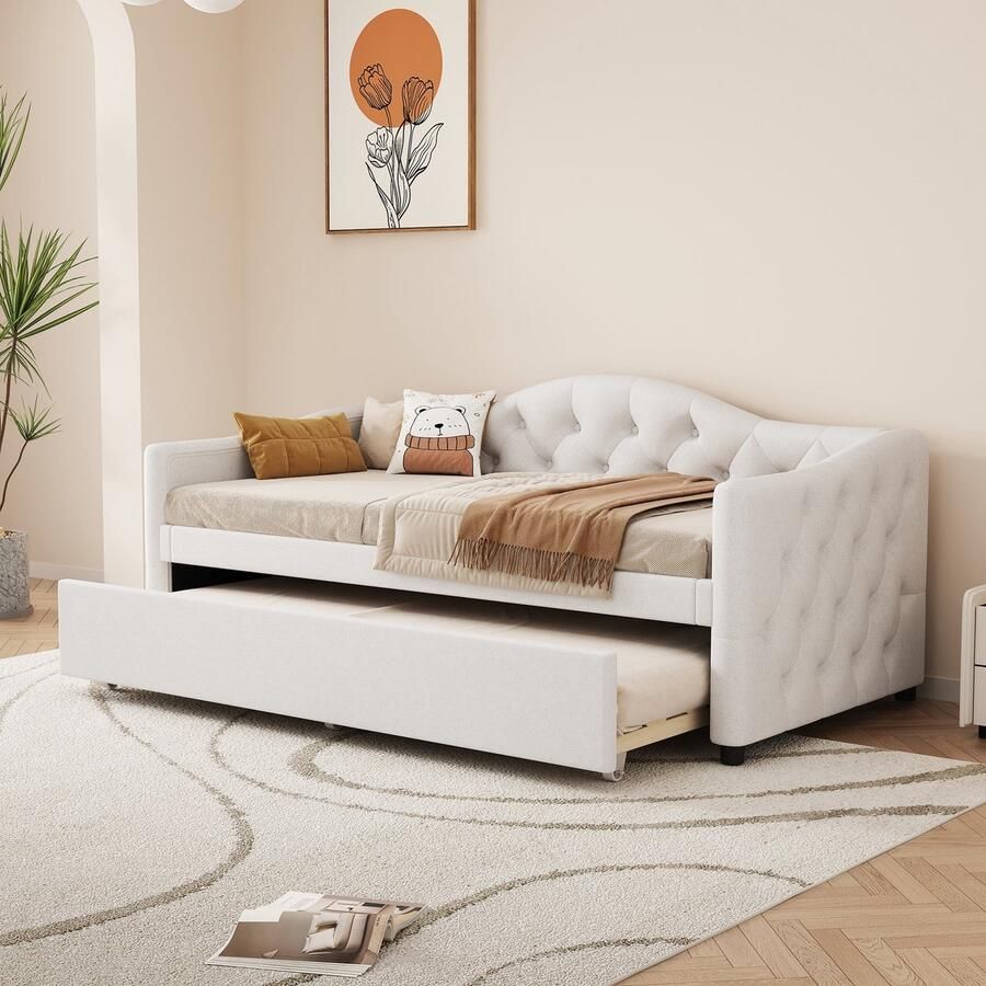 Daybettt 90x200cm dagbed met uitbreidbaar bed slaapbank eenpersoonsbed (zonder matras) linnen minimalistische styling beige