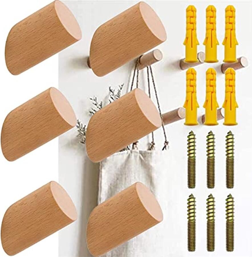 Dcas Pak van 6 houten muurhaken natuurlijke houten muurhaken decoratieve houten kapstokhaken pakket van 6 houten muurhaken houten kapstokhaken muurhaken stijlvolle houten kapstokhaken (1 18 x 2 36 inch)
