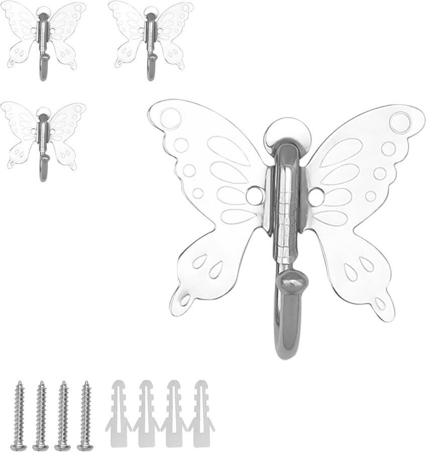 DEANKEJI 4 Pieces Wardrobe Hooks Modern Butterfly Clothes Hooks Stainless Steel Wall Hooks Wall Clothes Hooks with Screws for Bedrooms Bathrooms Kitchens(Silver)