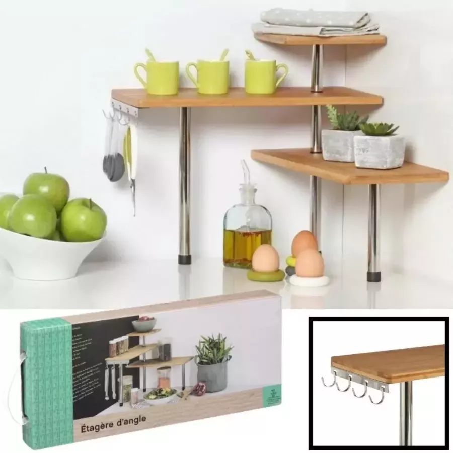 Decopatent 3 Laags Hoek Keuken Opbergrek Staand rek 3 etages voor Keuken Corner Keukenrek Hoekrek Bamboe Metaal - Foto 2