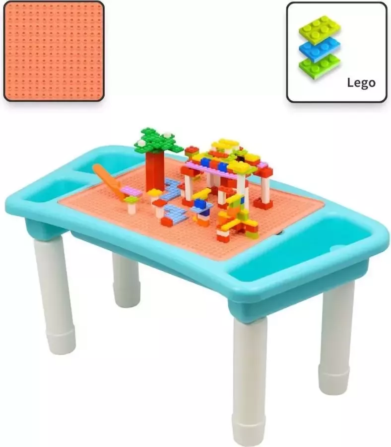Decopatent Kindertafel Bouwtafel Speeltafel met bouwplaat (Voor Lego blokken) en vlakke kant 3 Vakken Met 303 Bouwstenen - Foto 2