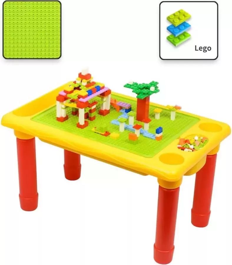 Decopatent Kindertafel Bouwtafel Speeltafel met bouwplaat (Voor Lego blokken) en vlakke kant 4 Vakken Met 316 Bouwstenen - Foto 3