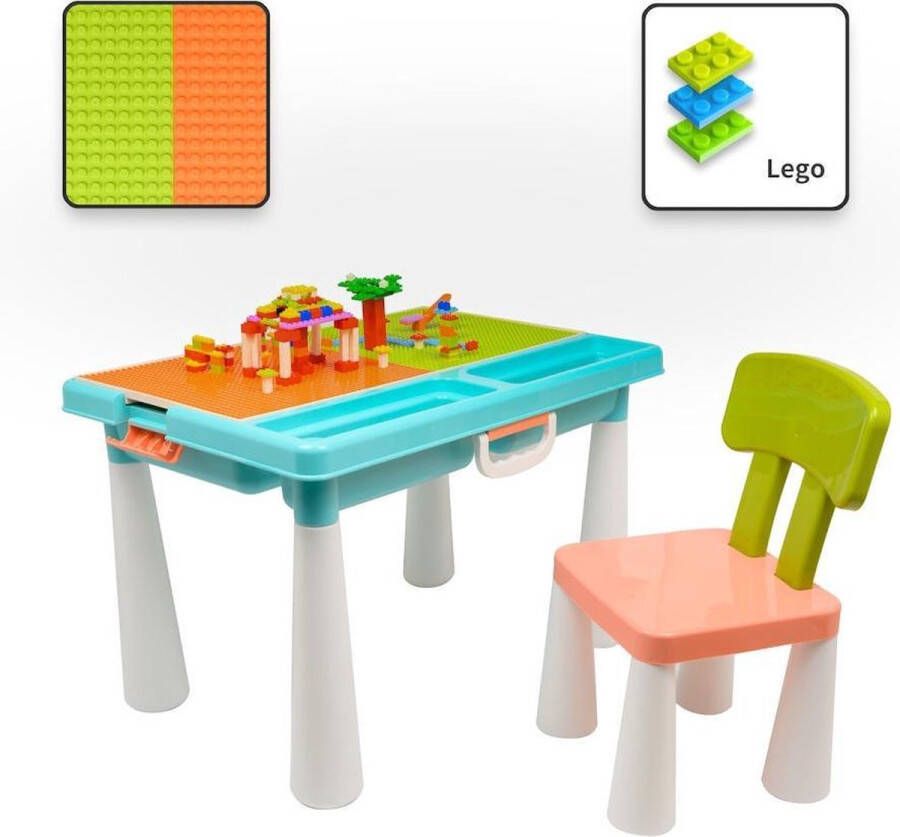 Decopatent Kindertafel met 1 Stoel Speeltafel met bouwplaat (Voor Lego blokken) en vlakke kant 2 Vakken 515 Bouwstenen