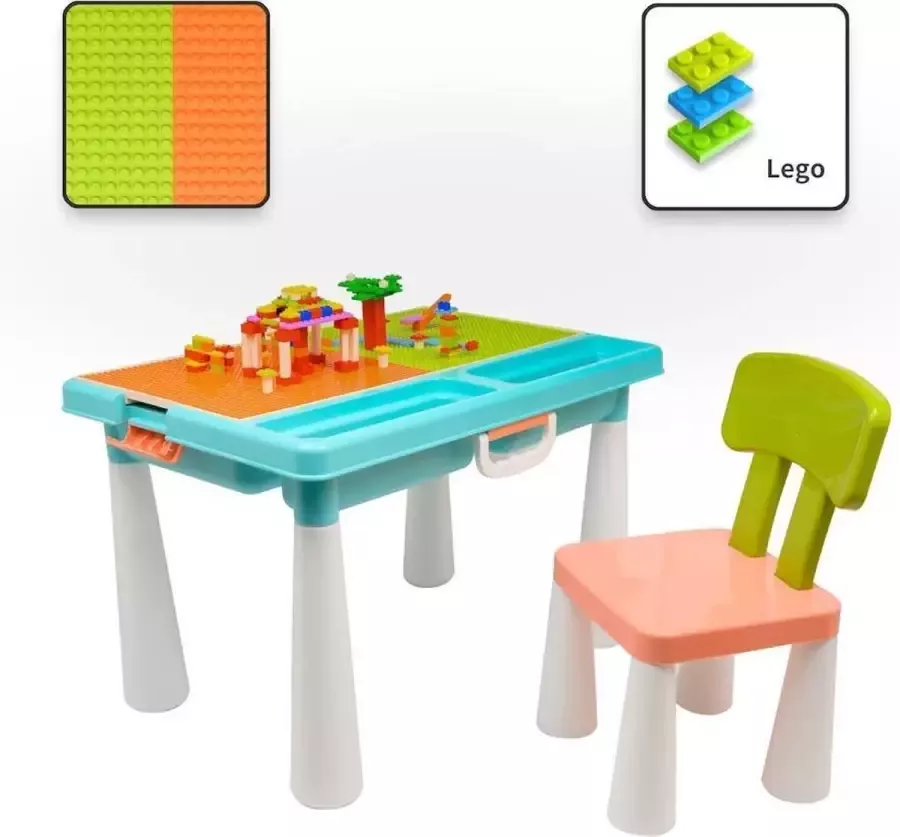 Decopatent Kindertafel met 1 Stoel Speeltafel met bouwplaat (Voor Lego blokken) en vlakke kant 2 Vakken 515 Bouwstenen