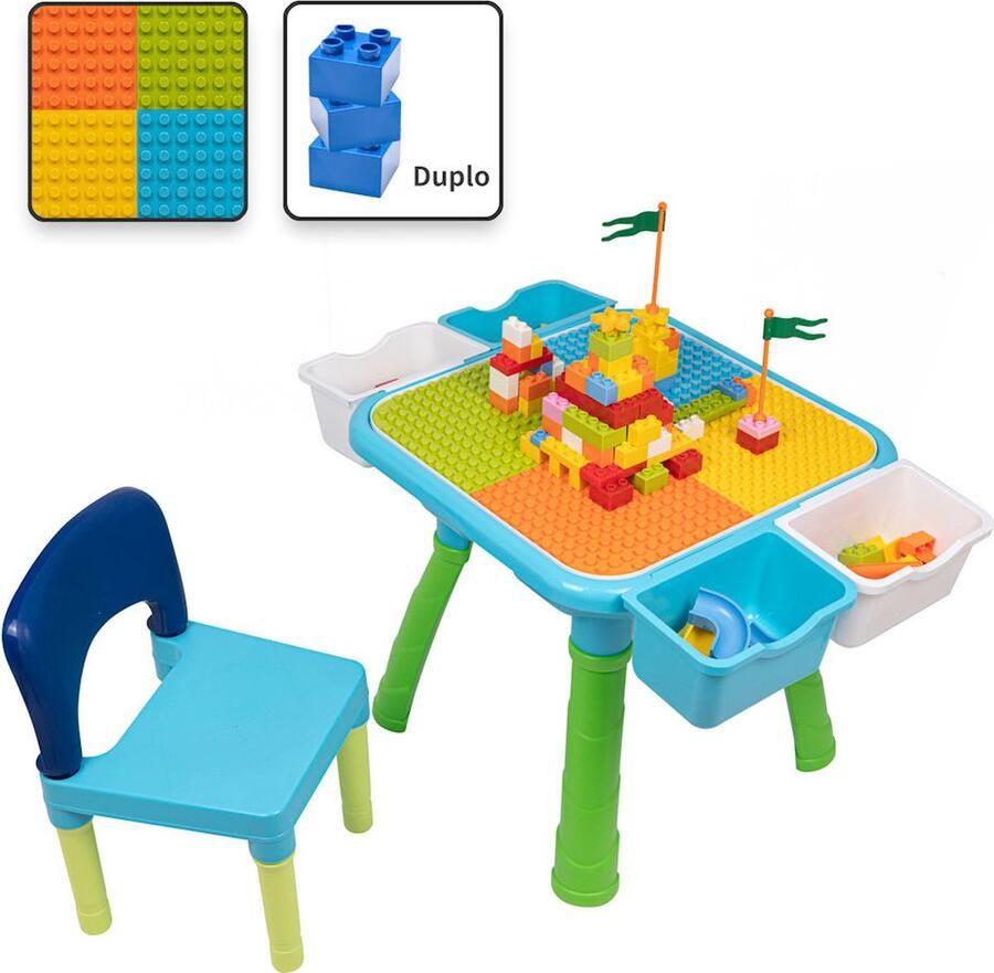 Decopatent Kindertafel met 1 Stoeltje Speeltafel met bouwplaat en Tafel kant 4 Bakjes Geschikt voor Duplo Bouwstenen