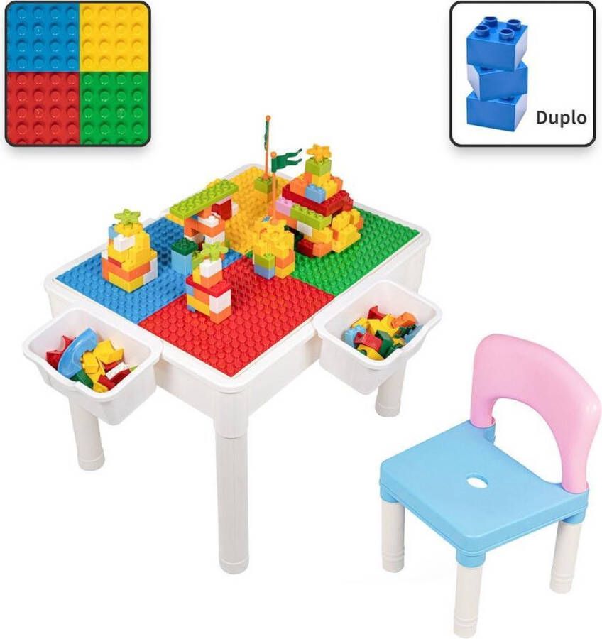 Decopatent Kindertafel met 1 Stoeltje Speeltafel met bouwplaat en vlakke kant 2 Bakjes Geschikt voor Duplo Bouwstenen