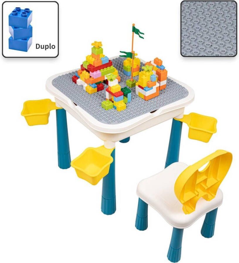 Decopatent Kindertafel met 1 Stoeltje Speeltafel met bouwplaat en vlakke kant 4 Bakjes Geschikt voor Duplo Bouwstenen - Foto 2