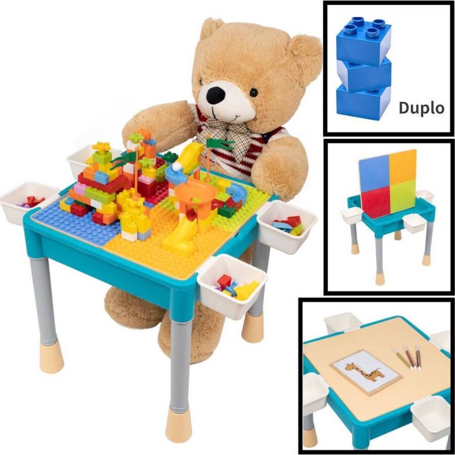 Decopatent Kindertafel met 1 Stoeltje Speeltafel met bouwplaat en vlakke kant 4 Bakjes Geschikt voor Duplo Bouwstenen