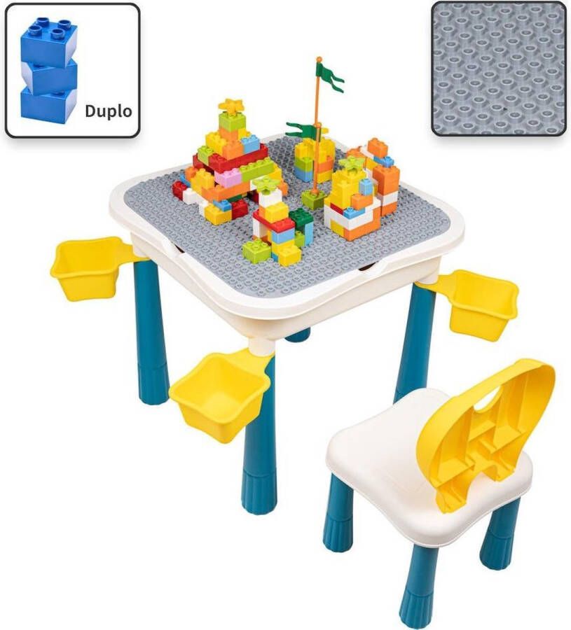 Decopatent Kindertafel met 1 Stoeltje Speeltafel met bouwplaat en vlakke kant 4 Bakjes Geschikt voor Duplo Bouwstenen