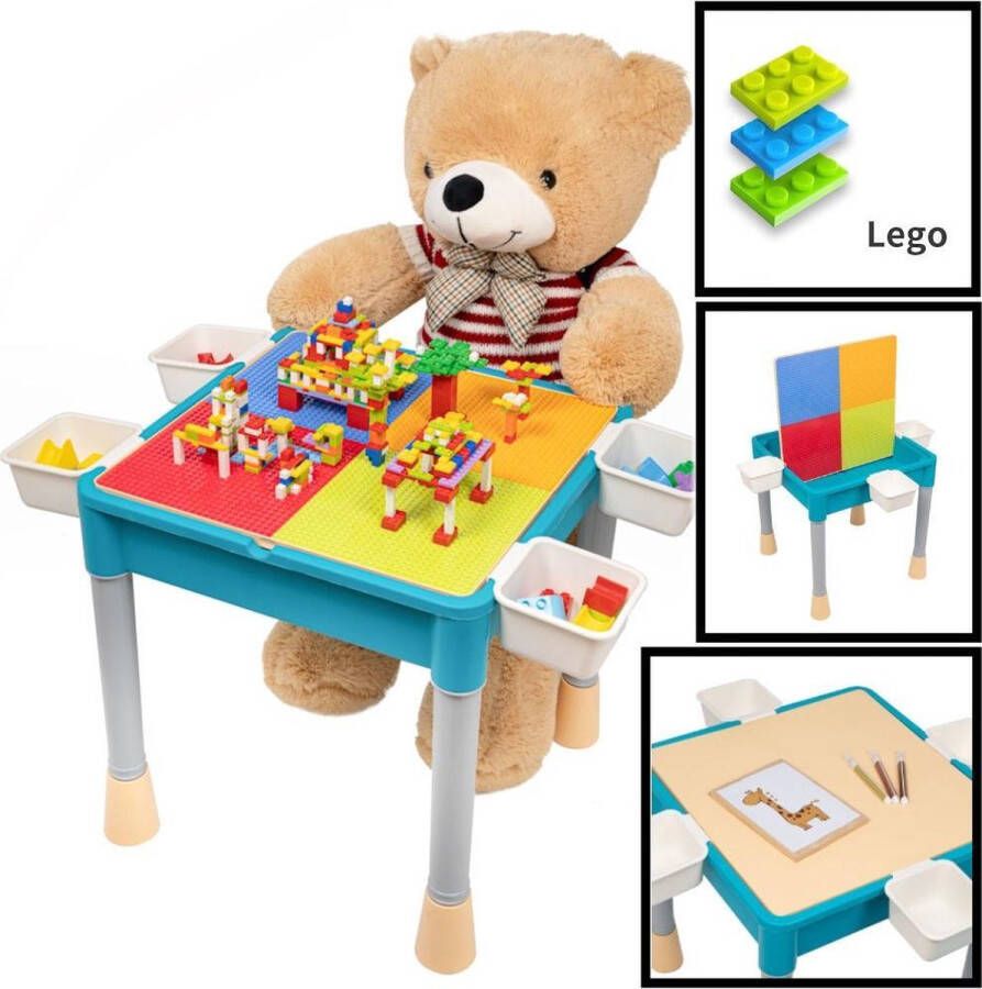 Decopatent Kindertafel met 1 Stoeltje Speeltafel met bouwplaat en vlakke kant 4 Bakjes Geschikt voor Lego Bouwstenen