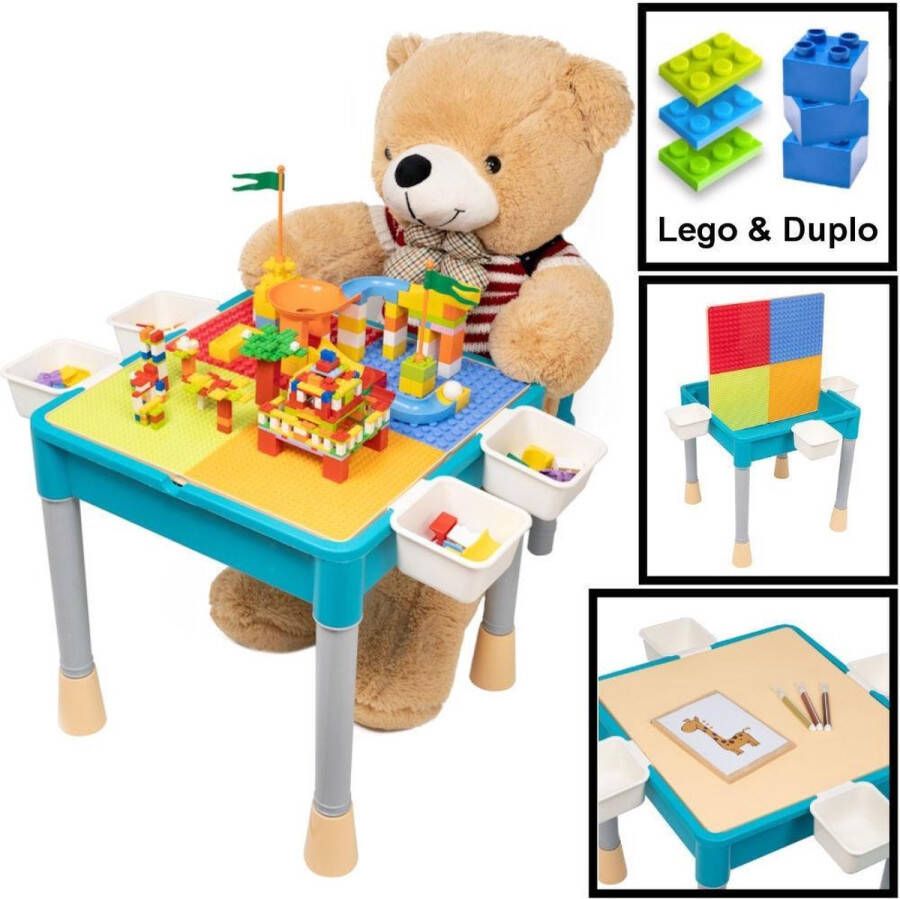 Decopatent Kindertafel met 1 Stoeltje Speeltafel met bouwplaat en vlakke kant Geschikt voor Lego & Duplo Bouwstenen