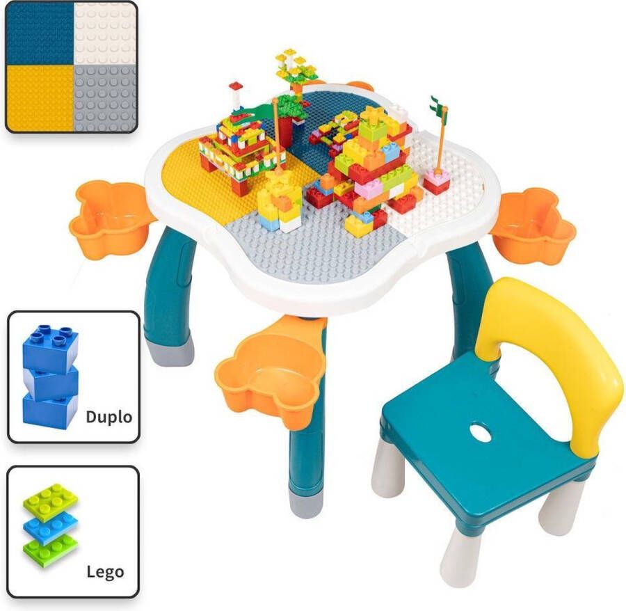 Decopatent Kindertafel met 1 Stoeltje Speeltafel met bouwplaat en vlakke kant Geschikt voor Lego & Duplo Bouwstenen