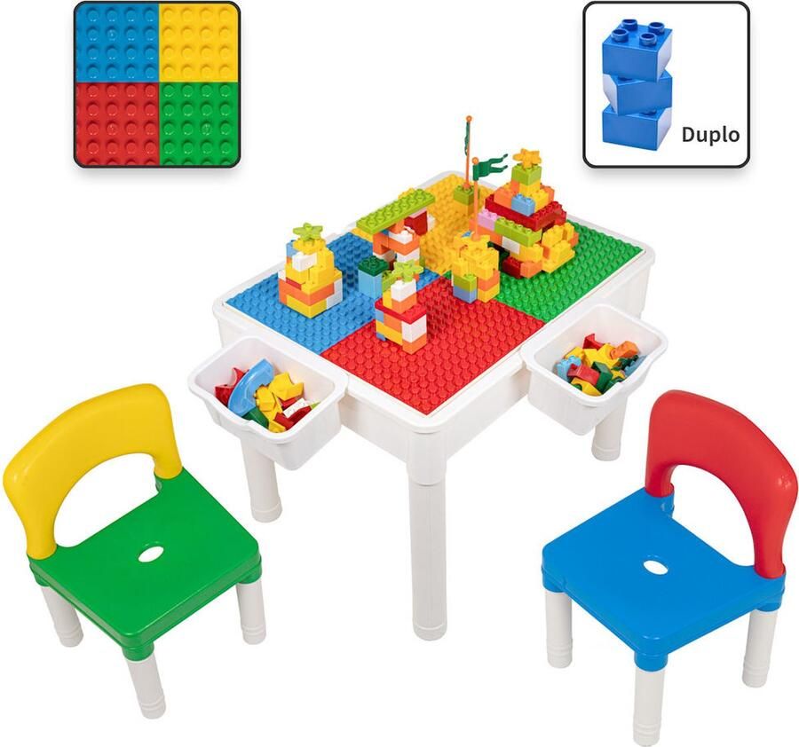 Decopatent Kindertafel met 2 Stoeltjes Speeltafel met bouwplaat en vlakke kant 2 Bakjes Geschikt voor Duplo Bouwstenen