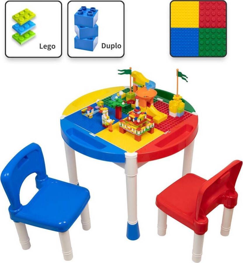 Decopatent Kindertafel met 2 Stoeltjes Speeltafel met bouwplaat en vlakke kant Geschikt voor Lego & Duplo Bouwstenen