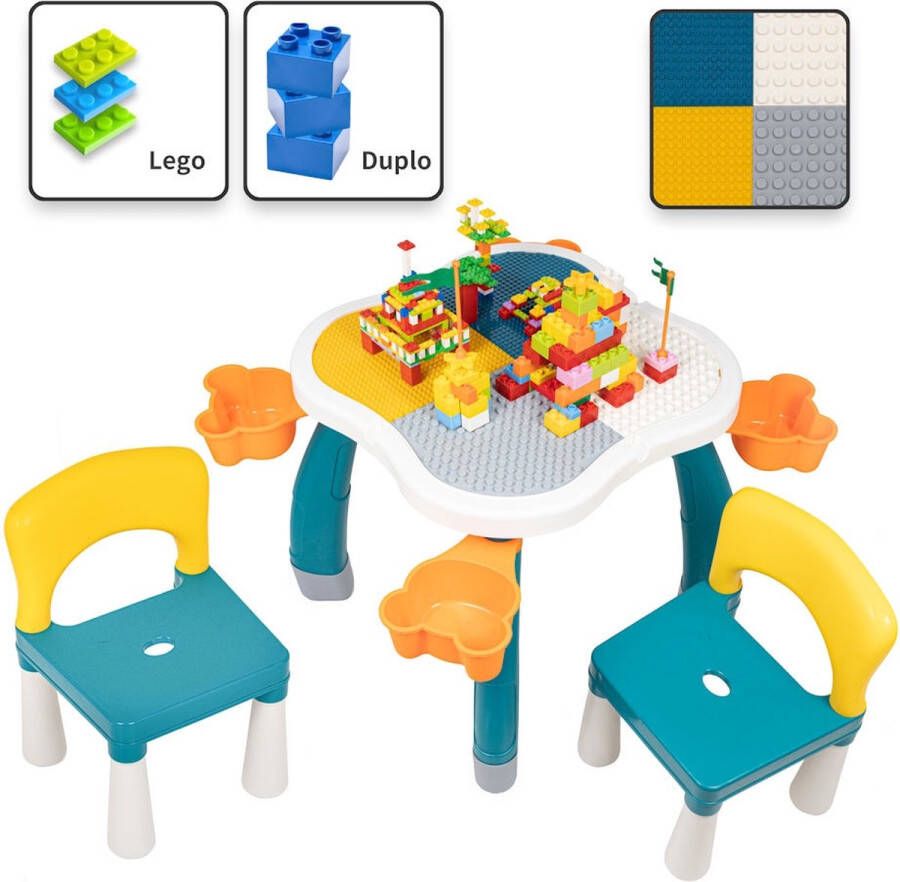 Decopatent Kindertafel met 2 Stoeltjes Speeltafel met bouwplaat en vlakke kant Geschikt voor Lego & Duplo Bouwstenen