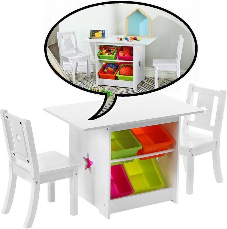 Decopatent Kindertafel met stoeltjes van hout 1 kindertafel en 2 stoelen voor kinderen Zitgroep met veel opbergruimte (Set)