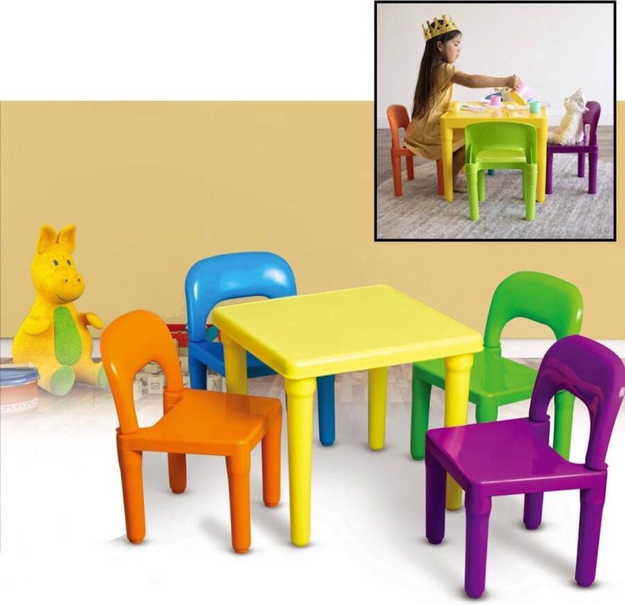 Decopatent Kindertafel met stoeltjes van kunststof 1 tafel en 4 stoelen voor kinderen Kleurtafel Speeltafel Zitgroep set