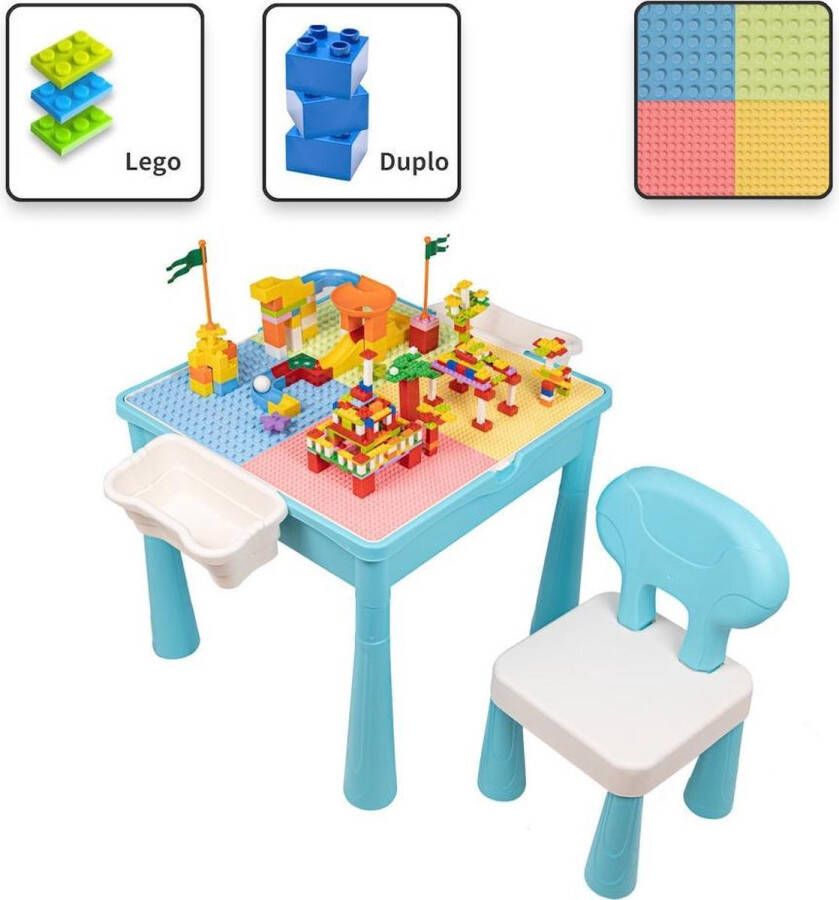 Decopatent Kindertafel Speeltafel met 1 Stoel & bouwplaat (Voor Lego & Duplo blokken) Bouwtafel Watertafel Boekenhouder