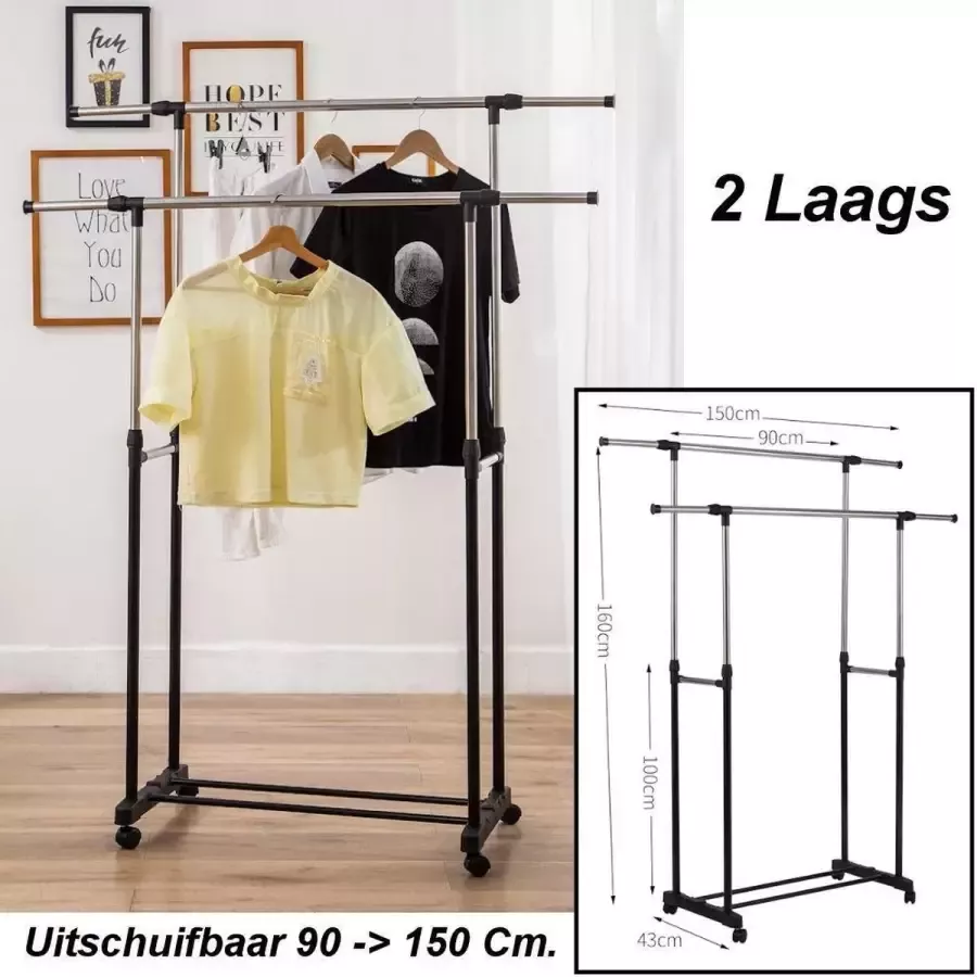 Mobiel 2 Laags Kledingrek op Wieltjes Verstelbaar met Uitschuifbare Kledingstangen Stabiel en Praktisch Garderoberek in Zwart Chrome