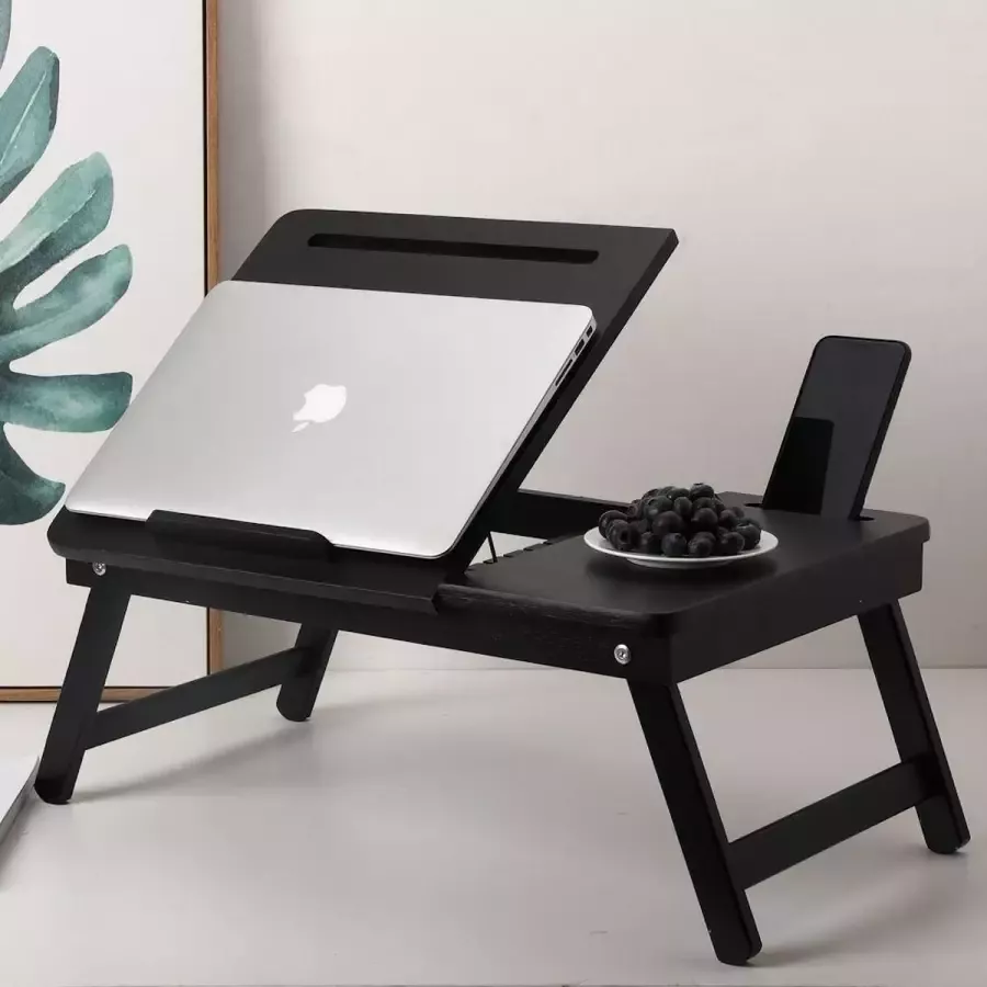 Decopatent Laptoptafel verstelbaar in hoogte & inklapbaar bamboe houten Laptop tafel Bed Bank tafel Bijzettafel Zwart