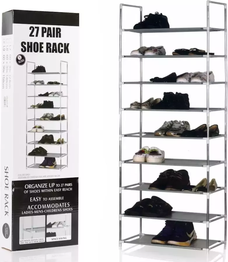 Decopatent Schoenenrek voor 27 Paar Schoenen 9 Laags Schoenenkast Schoenen Organizer Rek Metaal Kunsstof Grijs