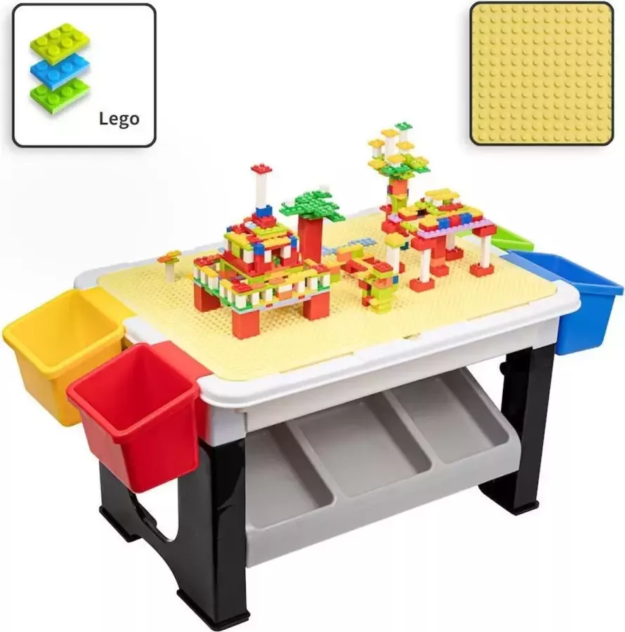 Decopatent Speeltafel met bouwplaat (geschikt voor Lego blokken) en vlakke kant. Kindertafel met 7 Opbergbakken Bouwtafel - Foto 2