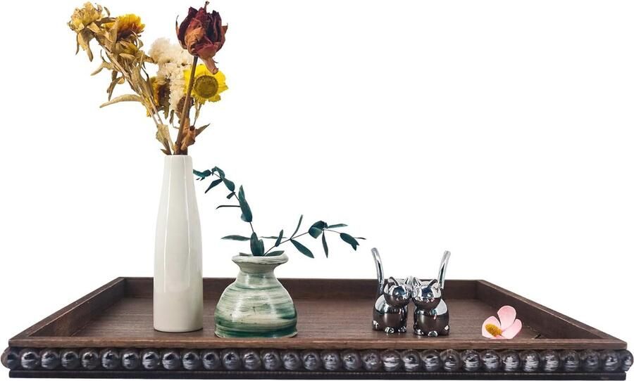 Decoratief dienblad 12x16 rechthoekig Bruin houten kralendienblad voor woonkamer salontafel keuken of boerderij decoratie