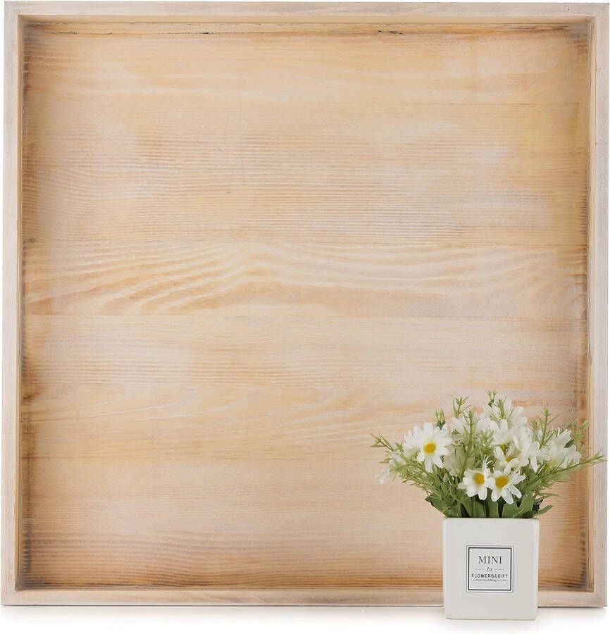 Decoratief dienblad groot: houten dienblad vierkant extra groot rustiek licht verbrand hout decoratief dienblad met handvat serveerplaten XXL landhuis voor poef woonkamer keuken 50 cm