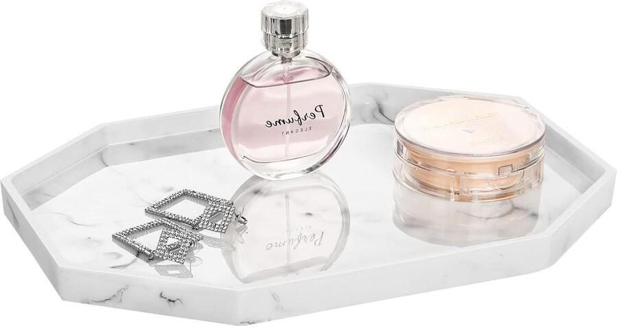 Decoratief dienblad opbergbak van hars cosmetische badkamerbak achthoekige serveerplank voor slaapkamer kaptafel woonkamertafel keukengootsteenaccessoires marmerwit