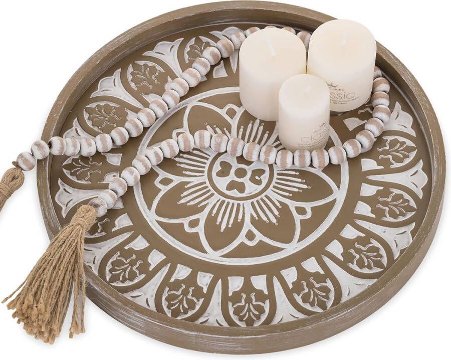 Decoratief dienblad rond: rustiek bruin houten dienblad boho bloemen patroon hout kleine dienbladen voor koffie keuken voetenbank 30 cm
