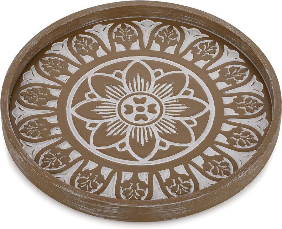 Decoratief dienblad rond rustiek bruin houten dienblad boho bloemenpatroon hout kleine dienbladen voor koffie keuken poef 30 cm