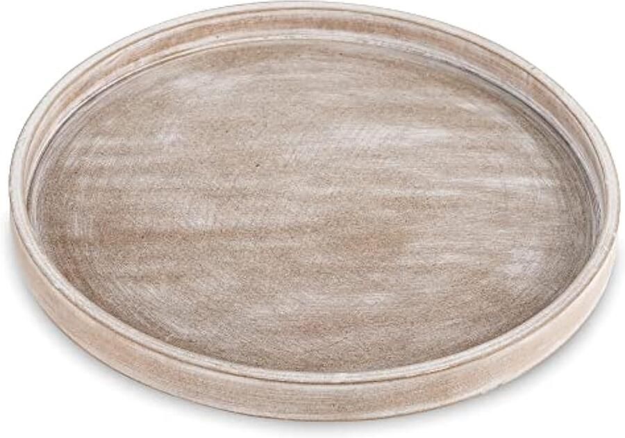 Decoratief dienblad voor salontafel: White wash houten ronde dienblad rustiek houten dienblad 31 cm landelijke centerpiece kaarshouder voor woondecoratie poef aanrecht display en