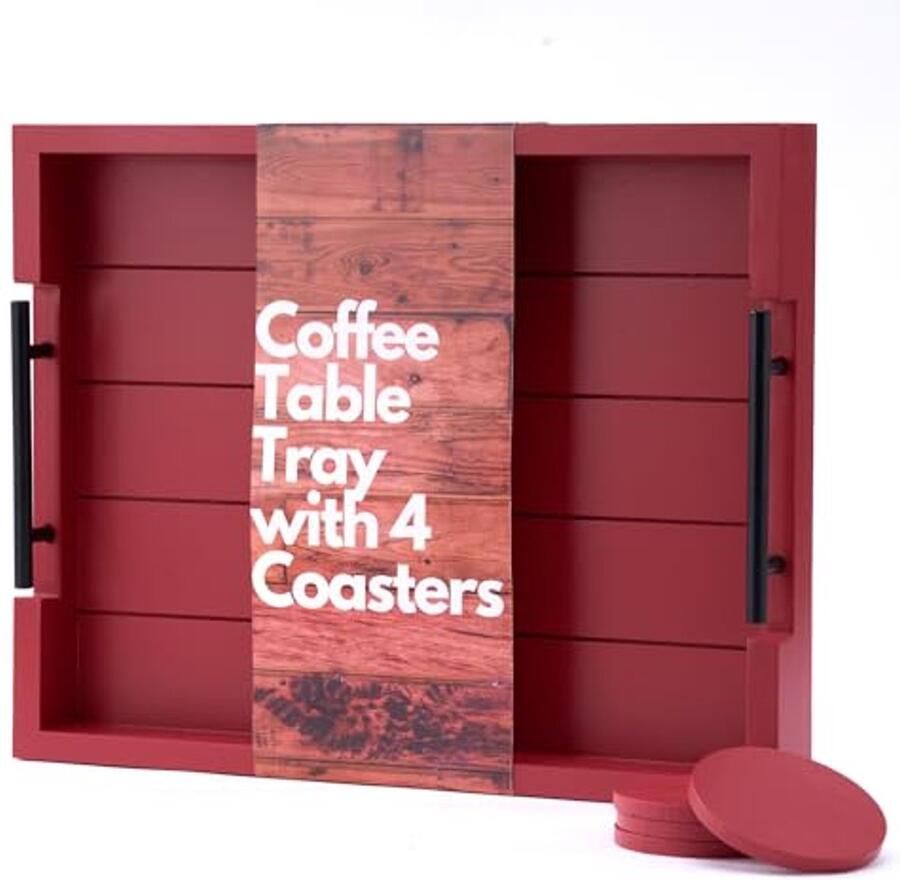 Decoratief Houten Dienblad met Handgrepen 47x30 cm Inclusief 4 Houten Onderzetters Ideaal voor Ontbijt op Bed en Salontafel