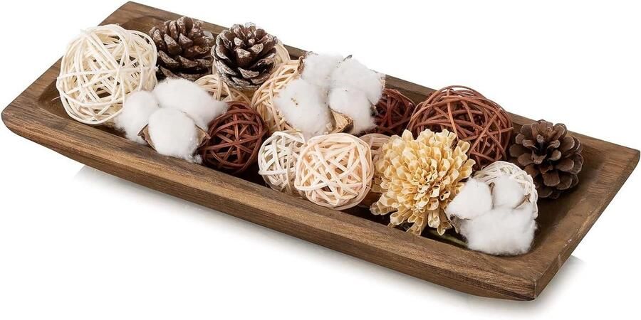 Decoratief houten dienblad voor tafeldecoratie langwerpig houten schaal met sleuven decoratieve kaarshouder voor lange tafel rechthoekig dienblad met sleutelontwerp 36 cm lang