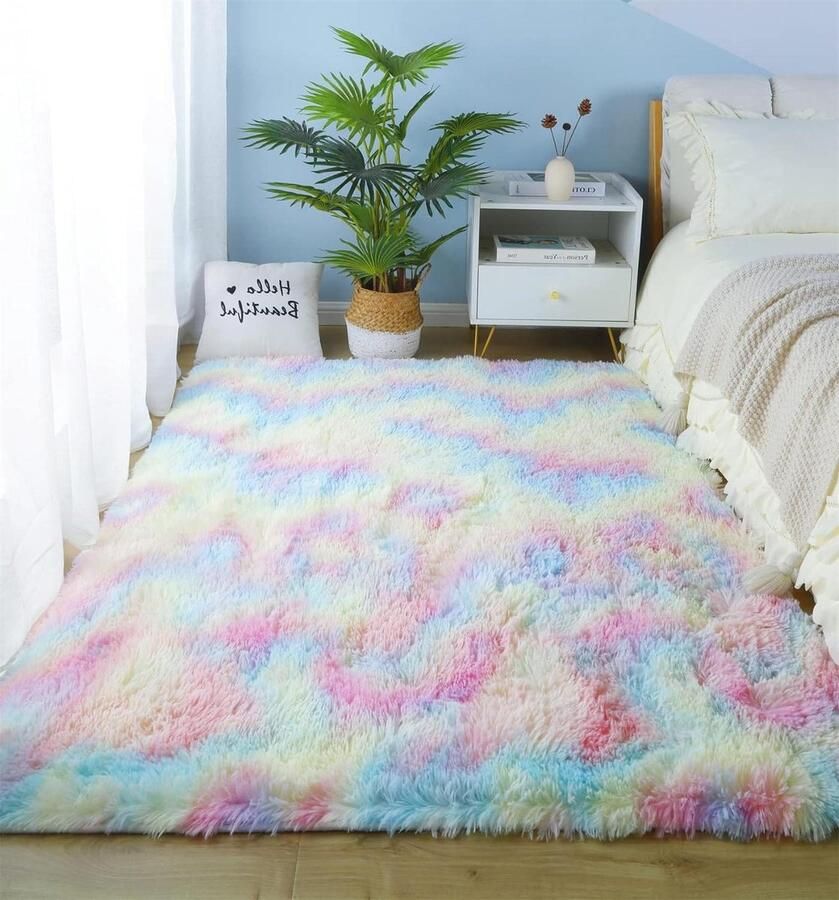 Decoratief pluizig tapijt regenboogkleuren imitatiebont voor slaapkamer woonkamer of eetkamer 60 x 160 cm