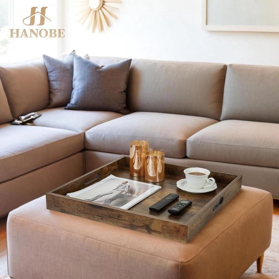 Decoratief Serveerdienblad voor Salontafel Vintage Bruin Hout Groot Formaat 50 cm Woonkamer Decoratie met Voetenbank Handvatten Vierkante Schotel