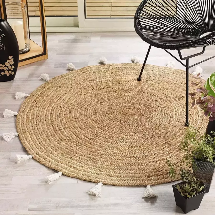 Decoratief vloerkleed rond (0) 120 cm jute uni + pompons Shira wit