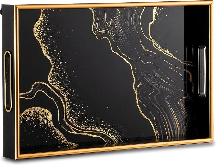 Decoratief zwart koffieblad gouden salontafel dienbladen decor dienblad met handgrepen Ottomaanse bar woondecoratie gemakkelijk schoon te maken wasbaar - Foto 2