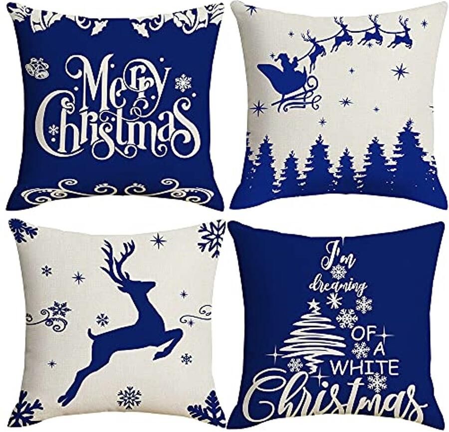 Decoratieve 16x16 Kerst Kussenhoezen Set van 4 voor de Bank of Sofa Vrolijke Kussens voor Binnen en Buiten