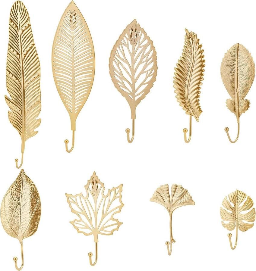 Decoratieve bladeren ijzeren haken 9 stuks gouden kapstok haken veer esdoornblad muur gemonteerde hangers sleutel handdoek jas fotolijst hoed tas