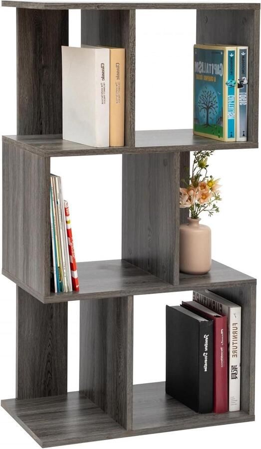Decoratieve boekenkast met 3 legplanken in S-vorm en Grijs Eiken design Modulair kantoor kamer bibliotheek Display Shelf SRK-W3